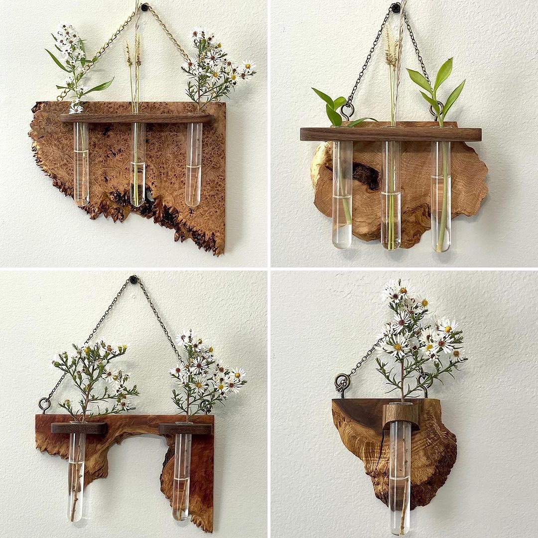 Handcrafted wooden wall vase with test-tube planters