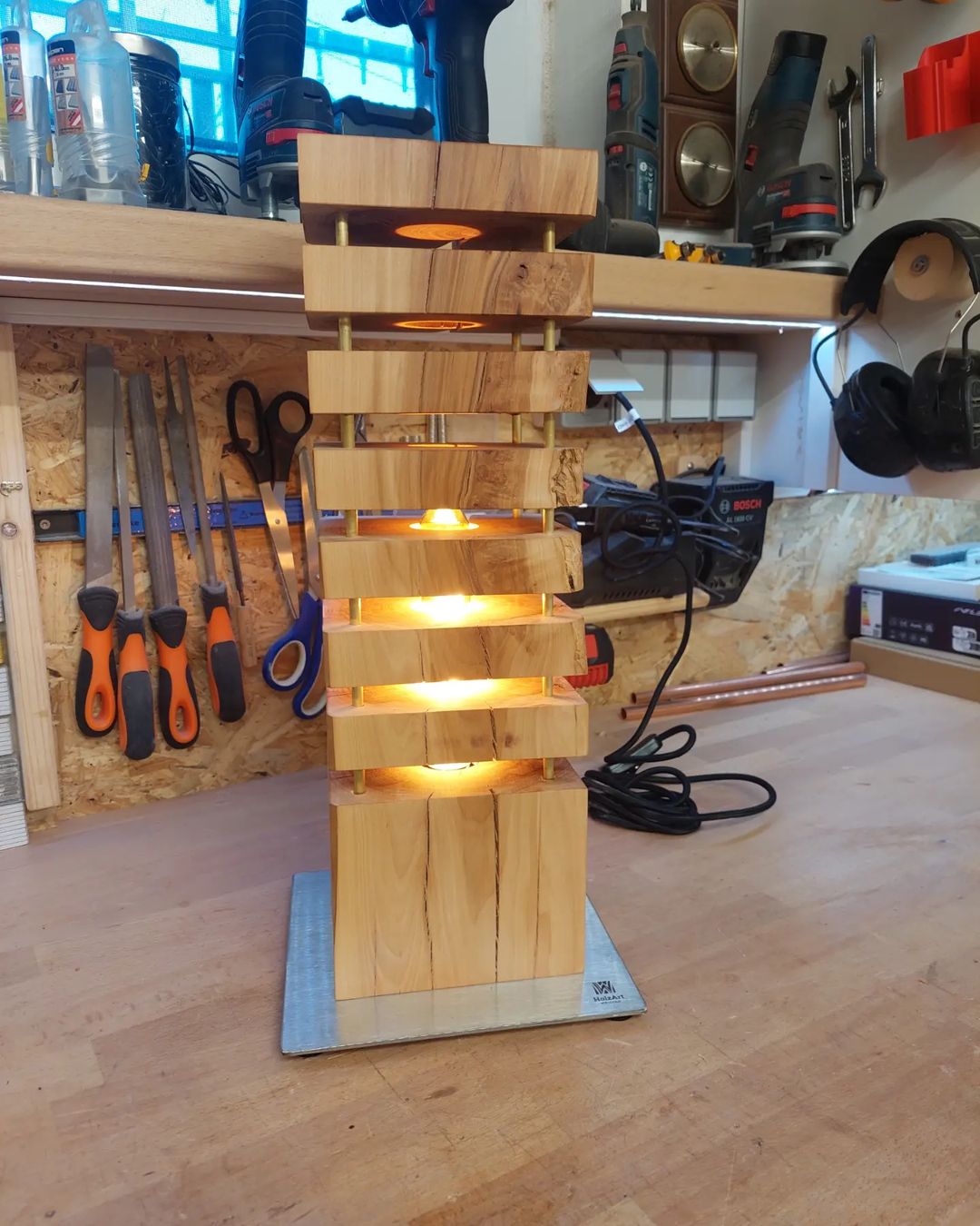 Handcrafted wooden lamp with ambient lighting