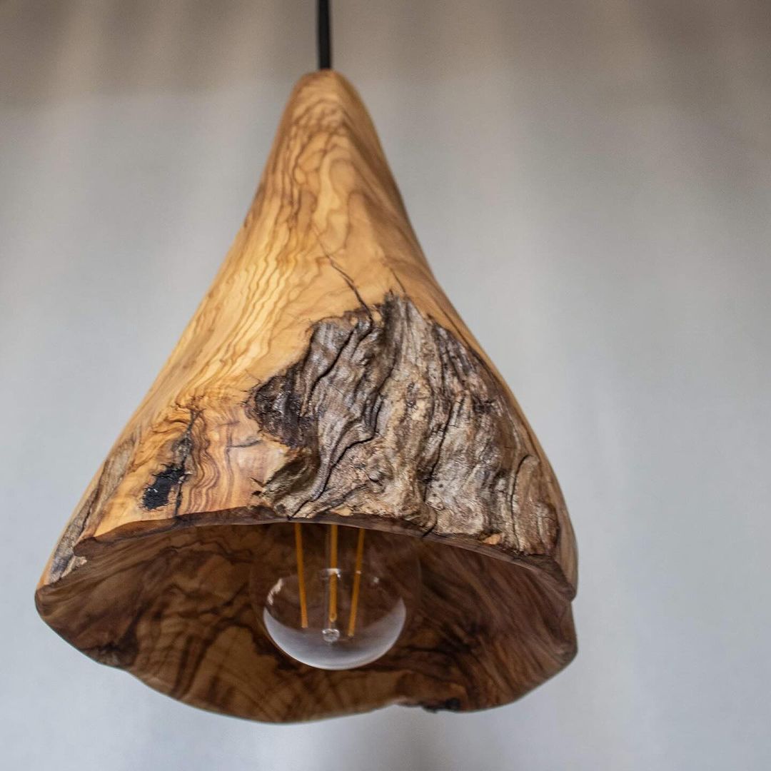 A handcrafted wooden pendant light