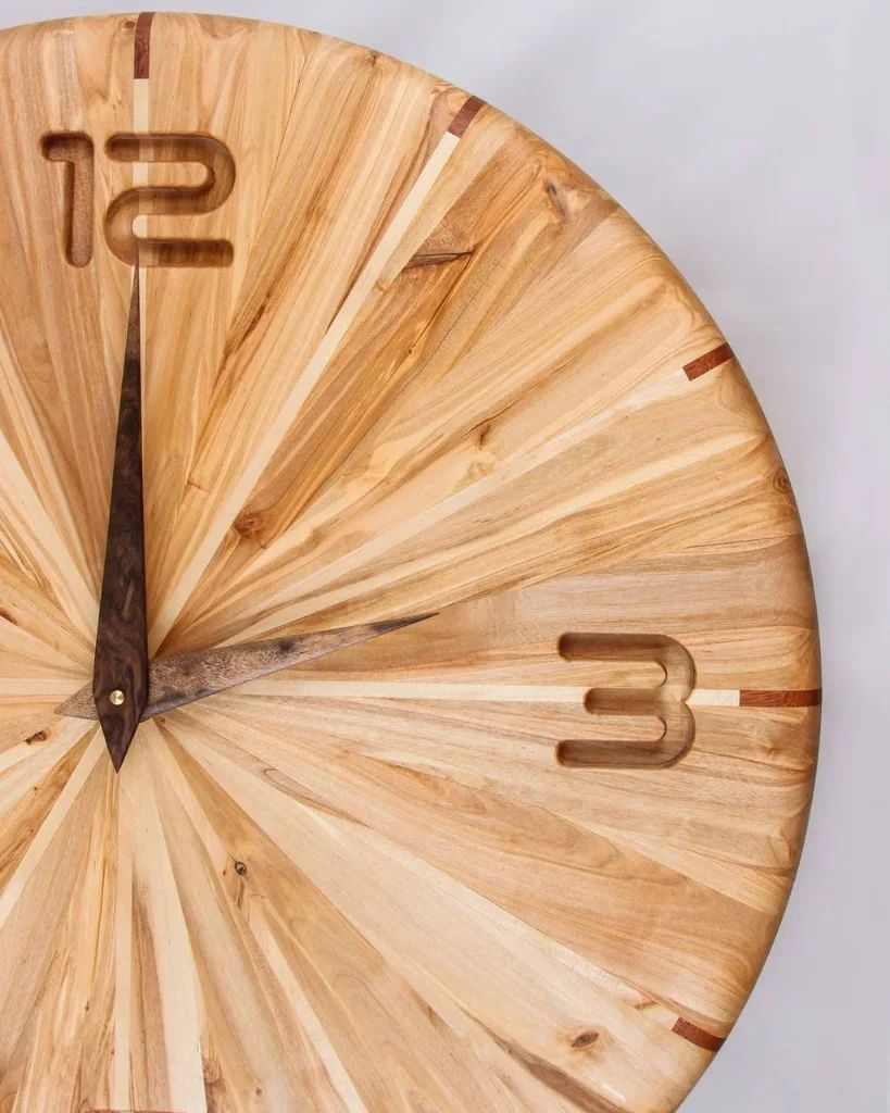 A uniquely crafted wooden wall clock