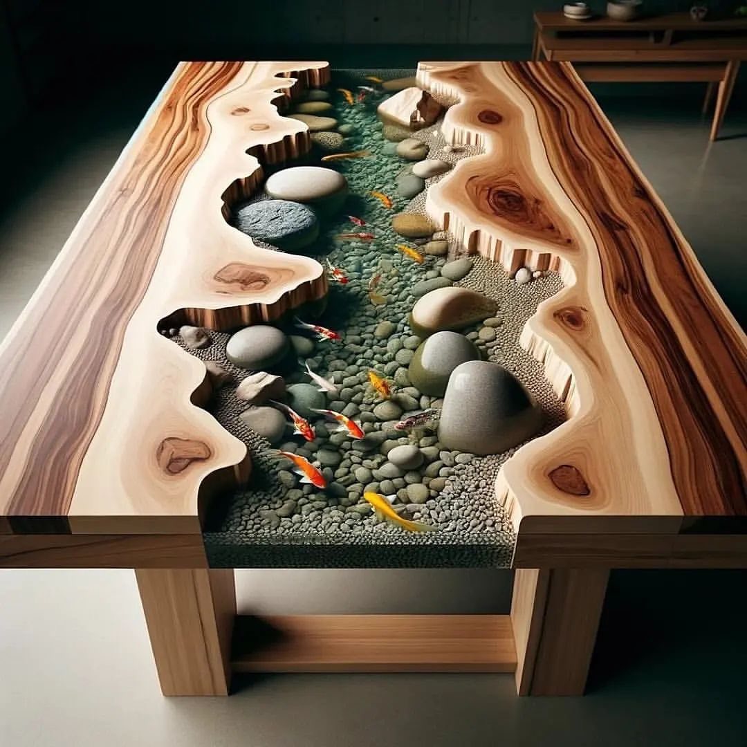 A creatively designed table that incorporates elements of nature with live fish