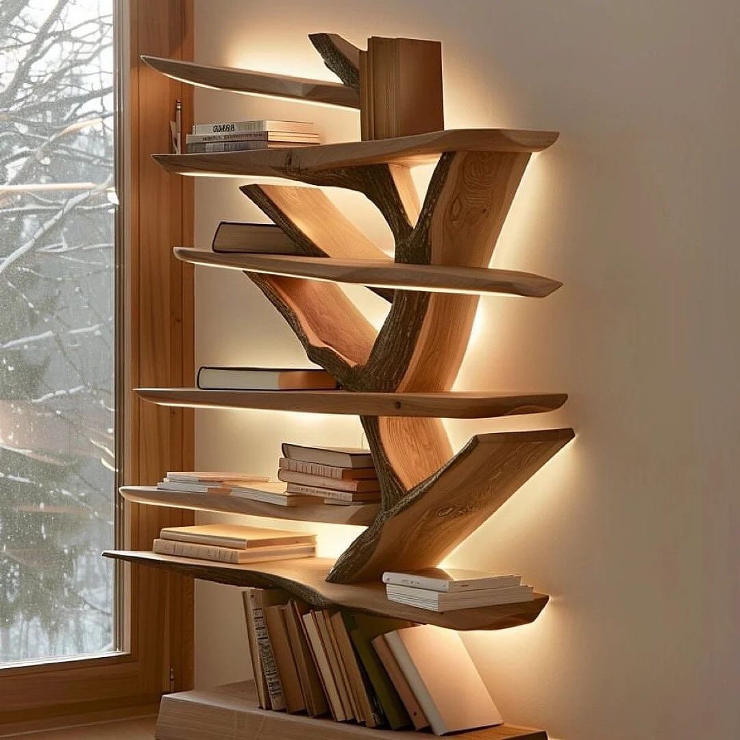 A harmoniously designed corner bookshelf with backlighting, crafted from natural wood that follows the unique contours of a tree branch