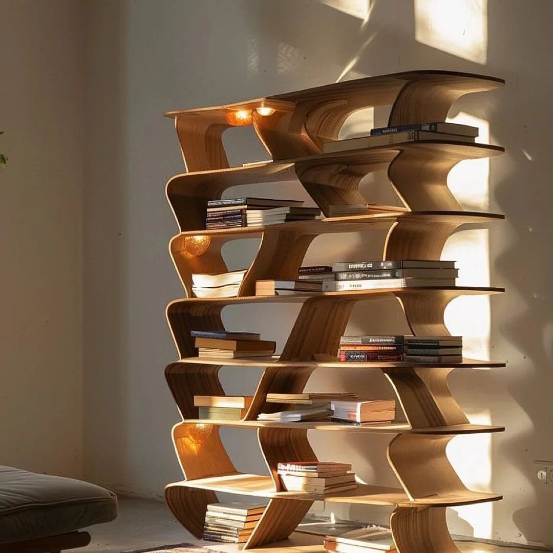 A unique and modern bookshelf design with flowing, curved wooden shelves lit by ambient spherical lights