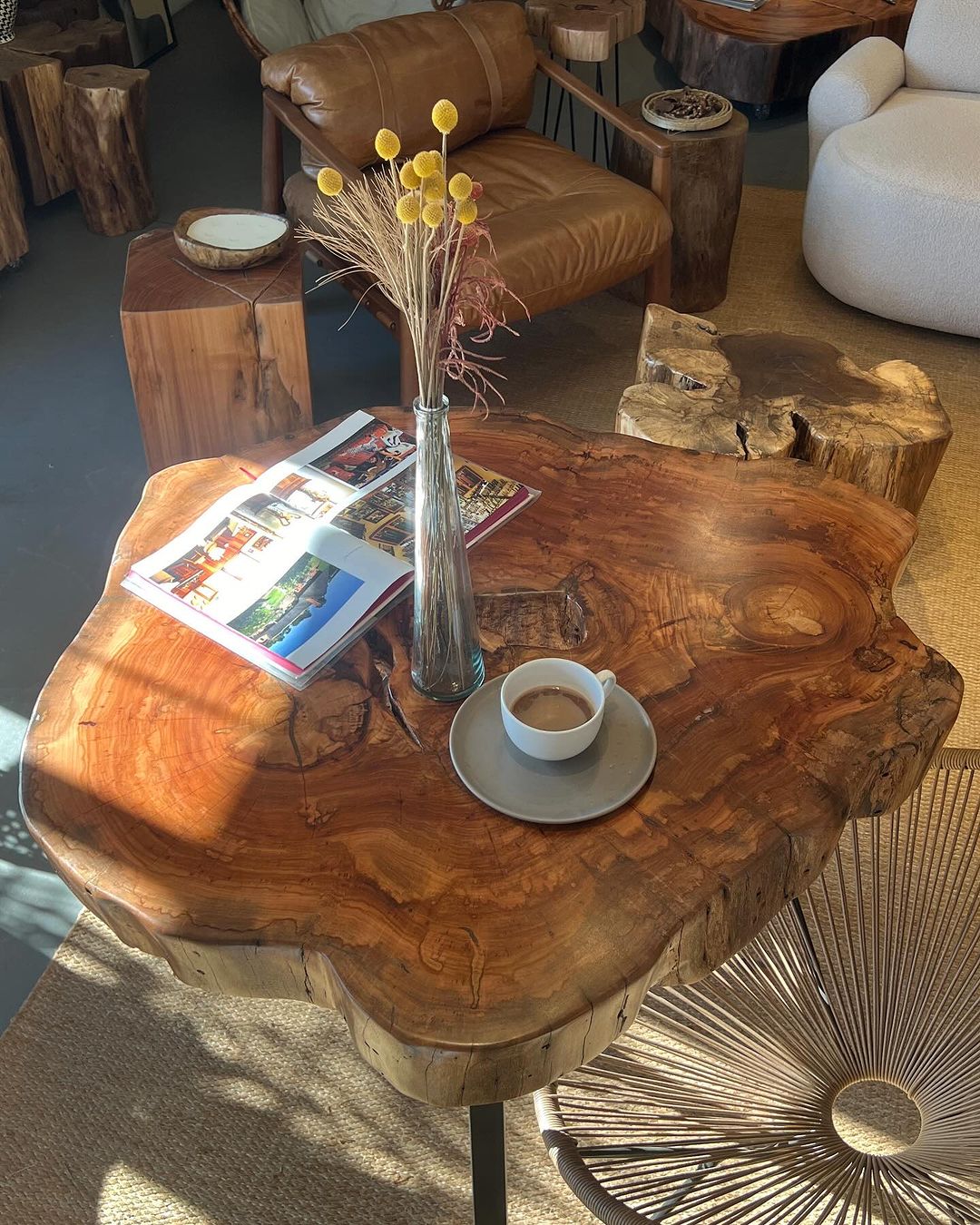 A rustic wooden coffee table with a natural edge