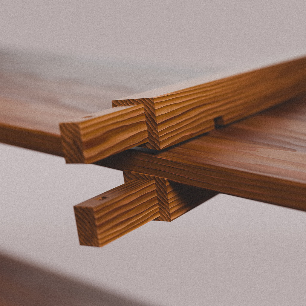 Close-up of interlocking wooden beams