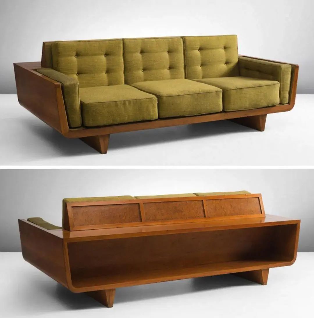 Mid-century modern wooden sofa with olive green upholstery