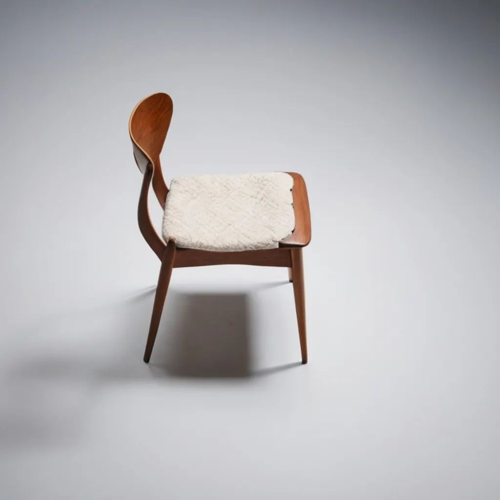 Mid-century modern chair with a sheepskin seat pad