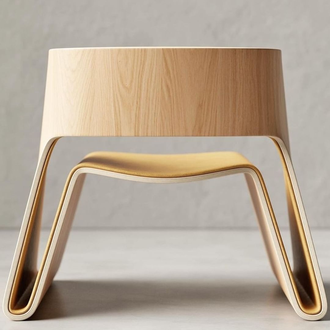 A minimalist stool featuring a wooden seat on a curved metal base