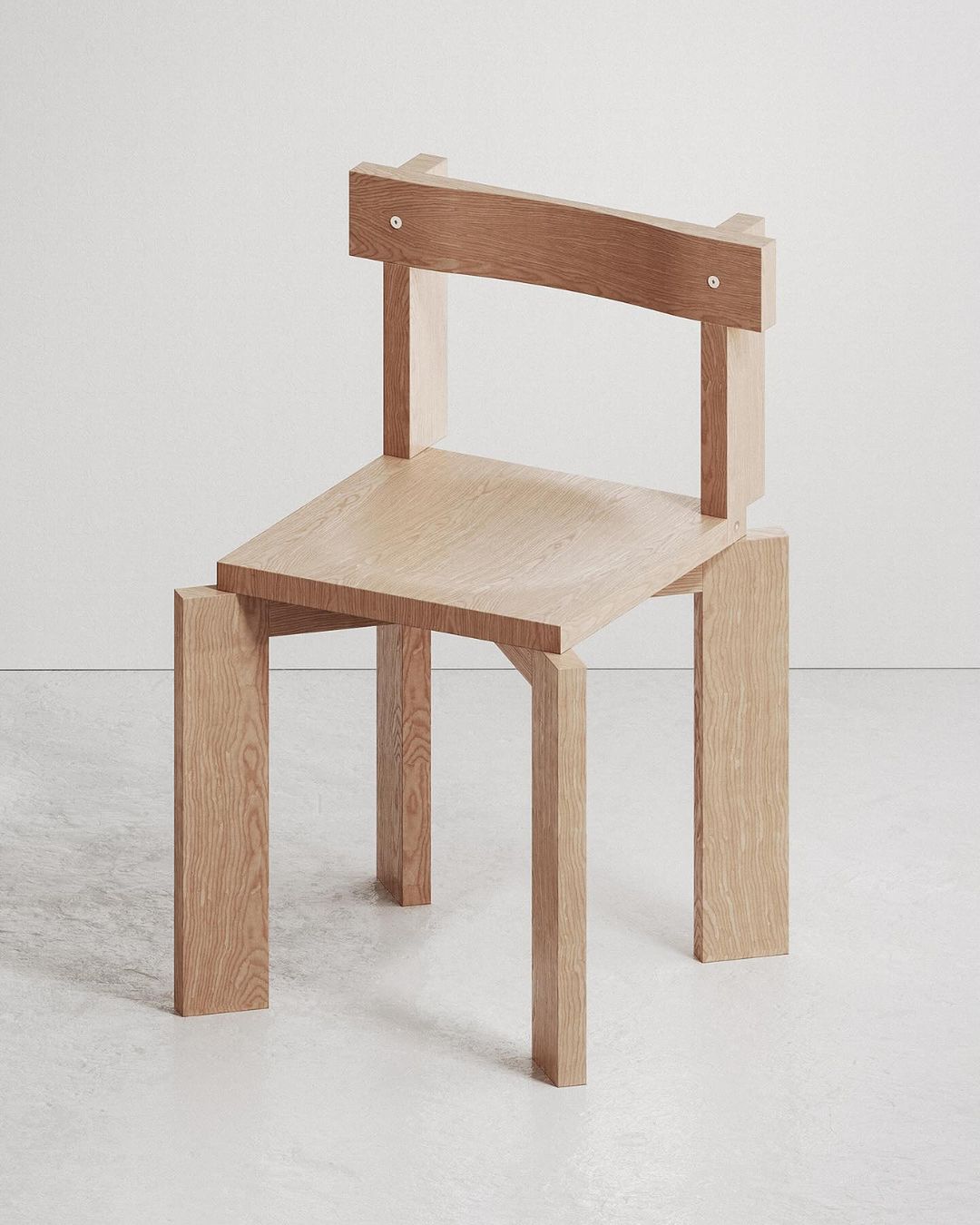 A minimalist wooden chair showcasing an unconventional design with staggered backrest and asymmetrical leg placement