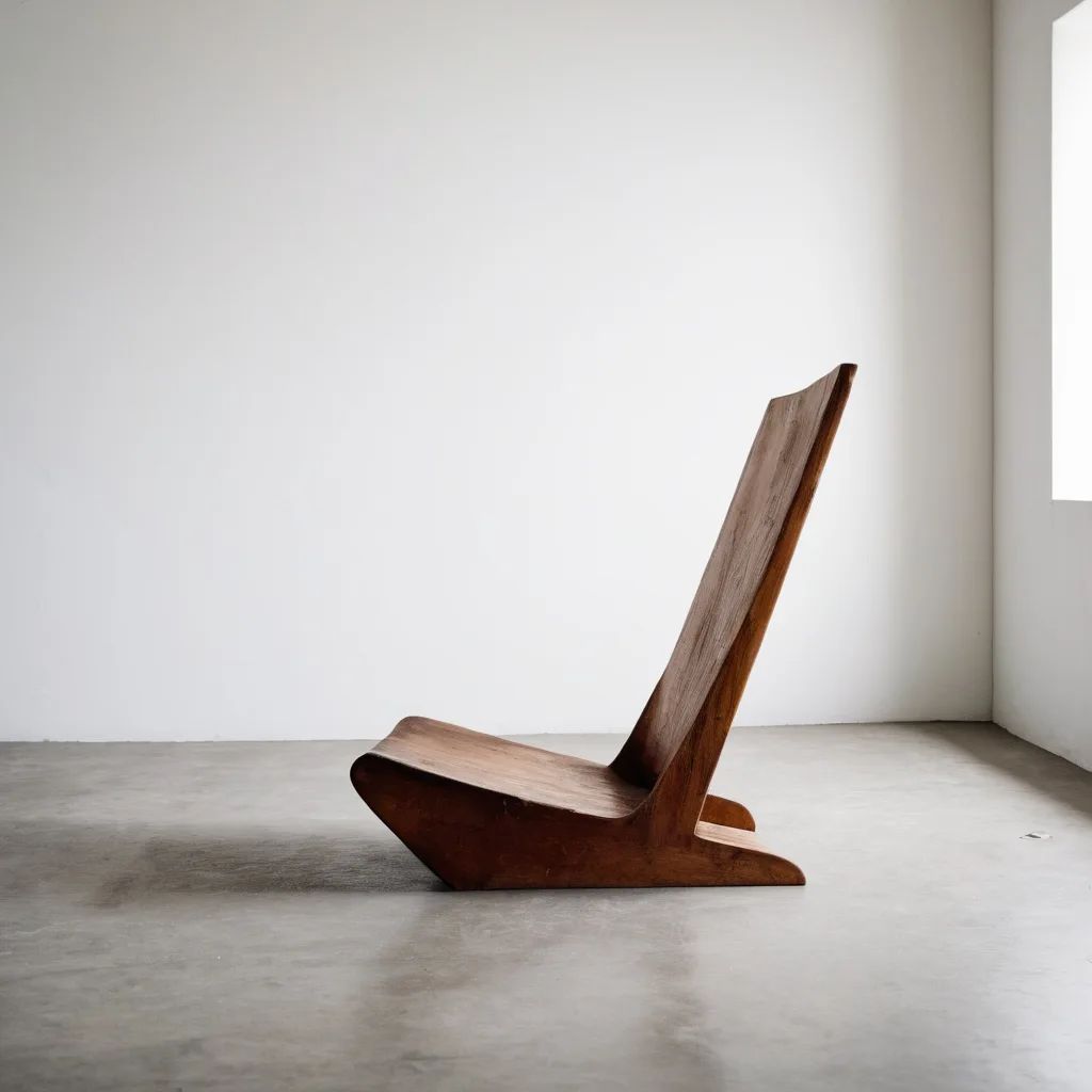 A minimalist wooden lounge chair with a unique angular design