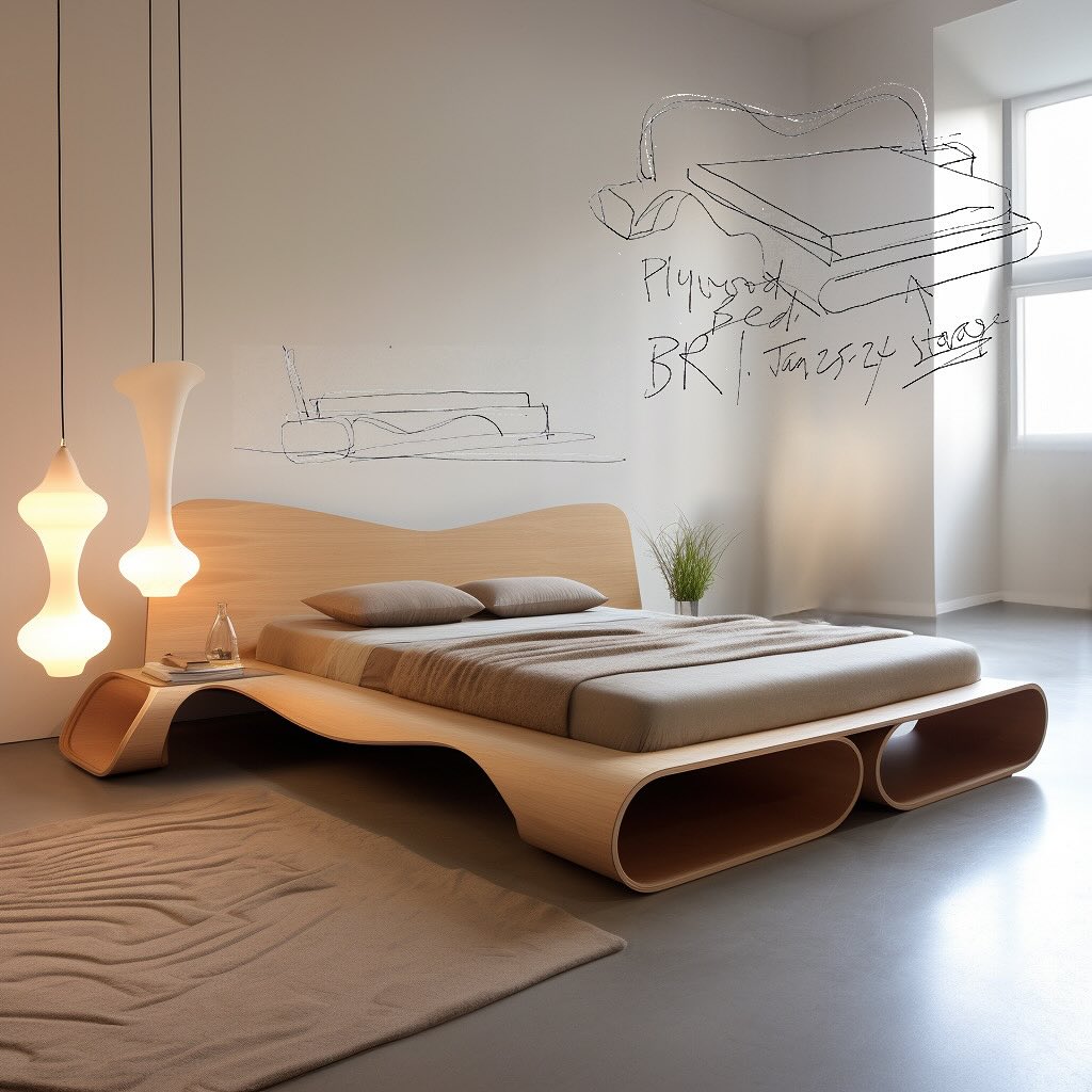 A contemporary bedroom featuring a sleek curved wooden platform bed