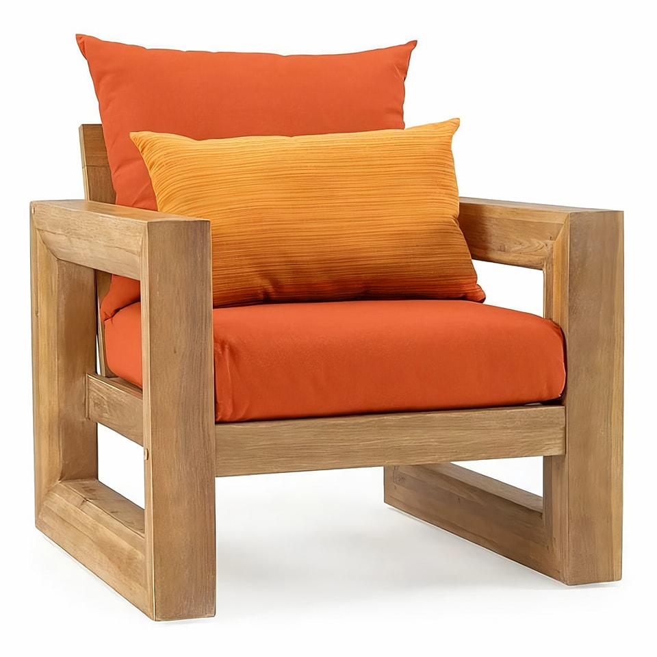 Modern wooden armchair with orange cushions