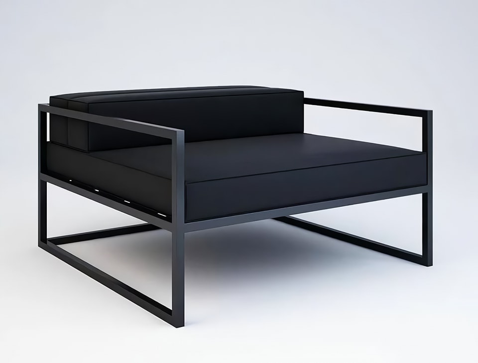 Minimalist modern armchair with sleek black metal frame and cushions