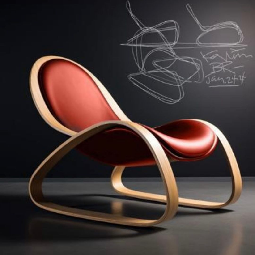 A modern bentwood rocking chair with a vibrant red cushion