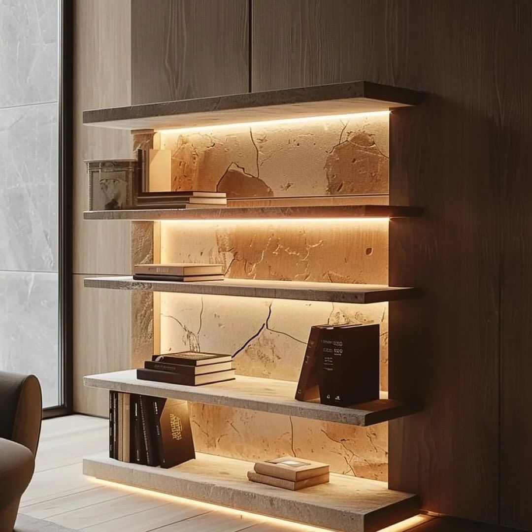 A modern bookshelf with integrated lighting