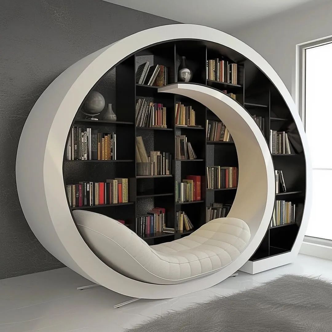 A modern circular bookshelf with a built-in cozy reading nook