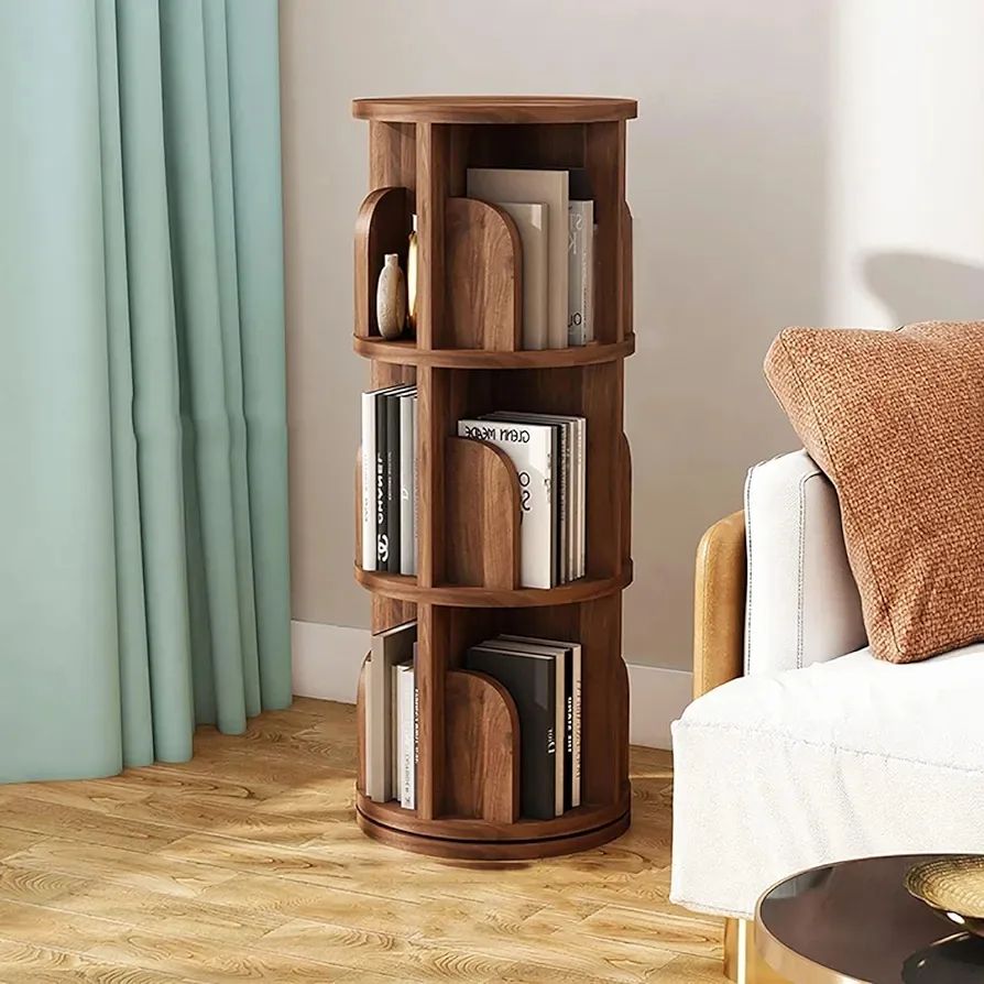 A modern, circular wooden bookshelf with various compartments