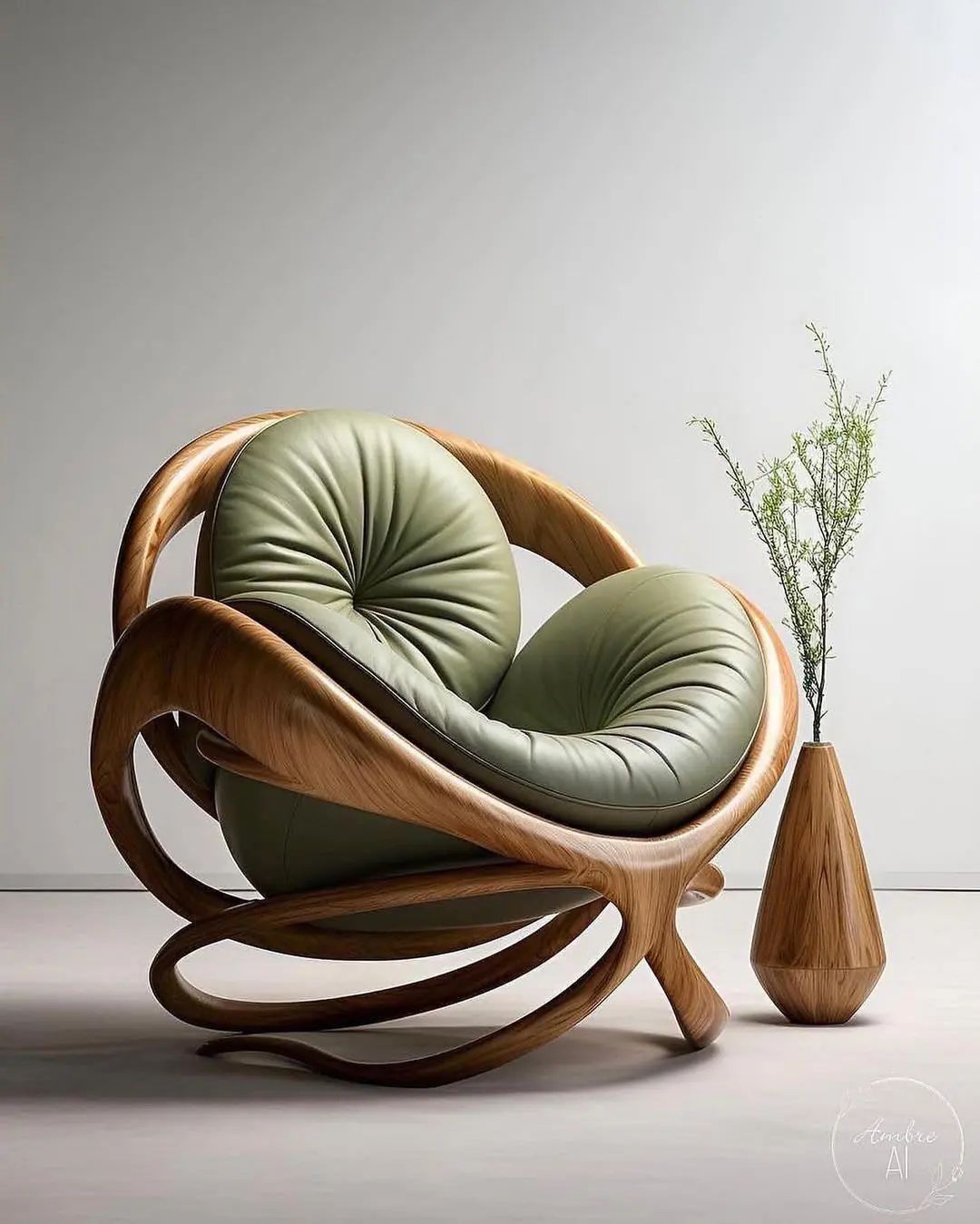 A uniquely designed armchair with curvilinear wooden frame and plush olive-green cushions