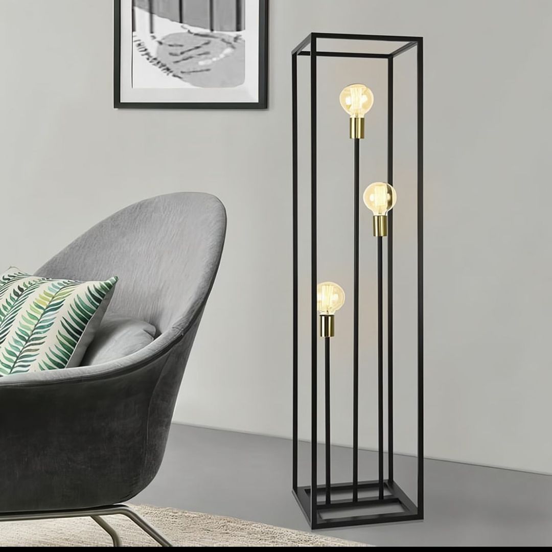 Modern and sophisticated black metal floor lamp with exposed bulbs