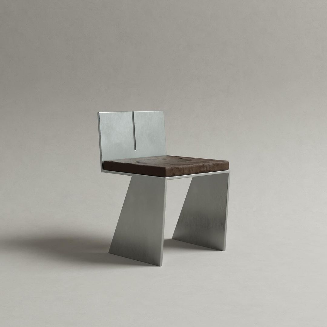 A modern metal and wood chair with unique geometric design