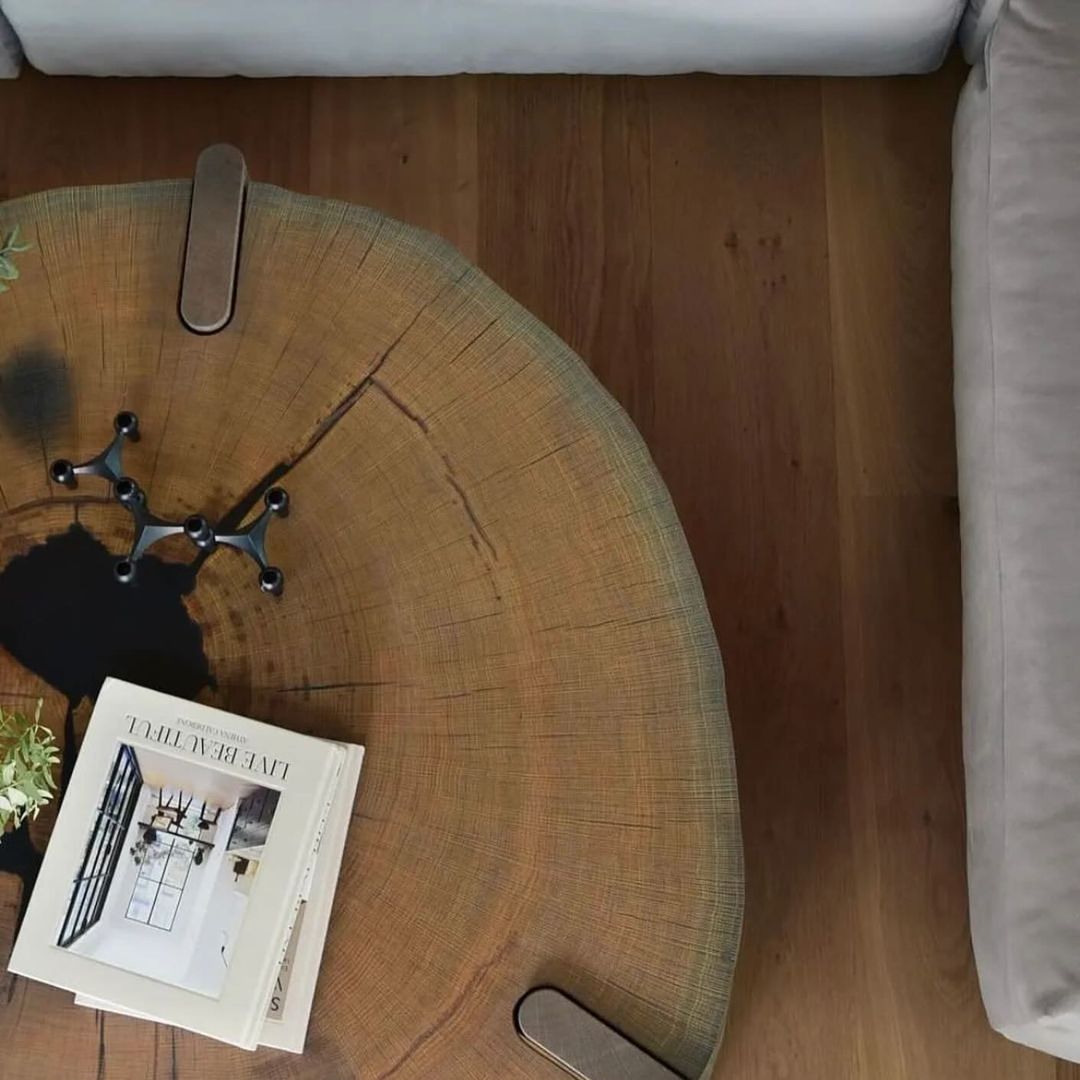 A unique coffee table crafted from a cross-section of a tree