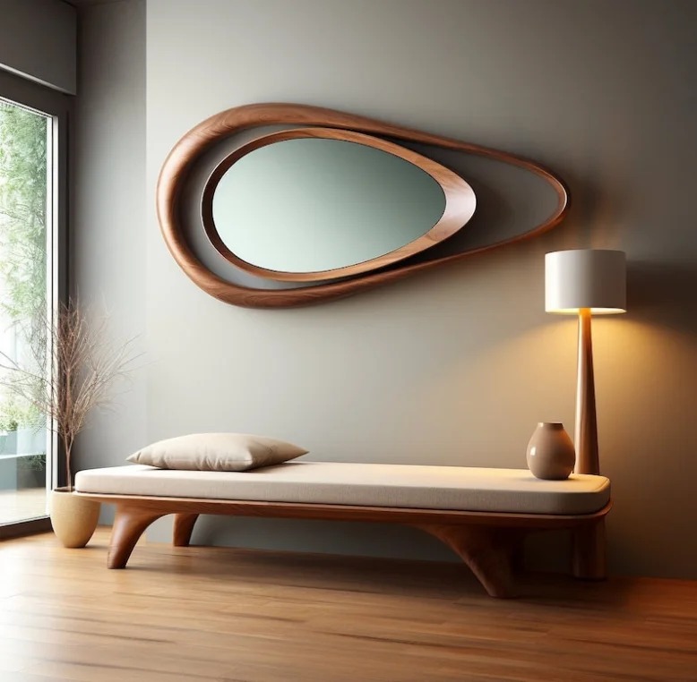 A stylish modern interior with a uniquely shaped mirror