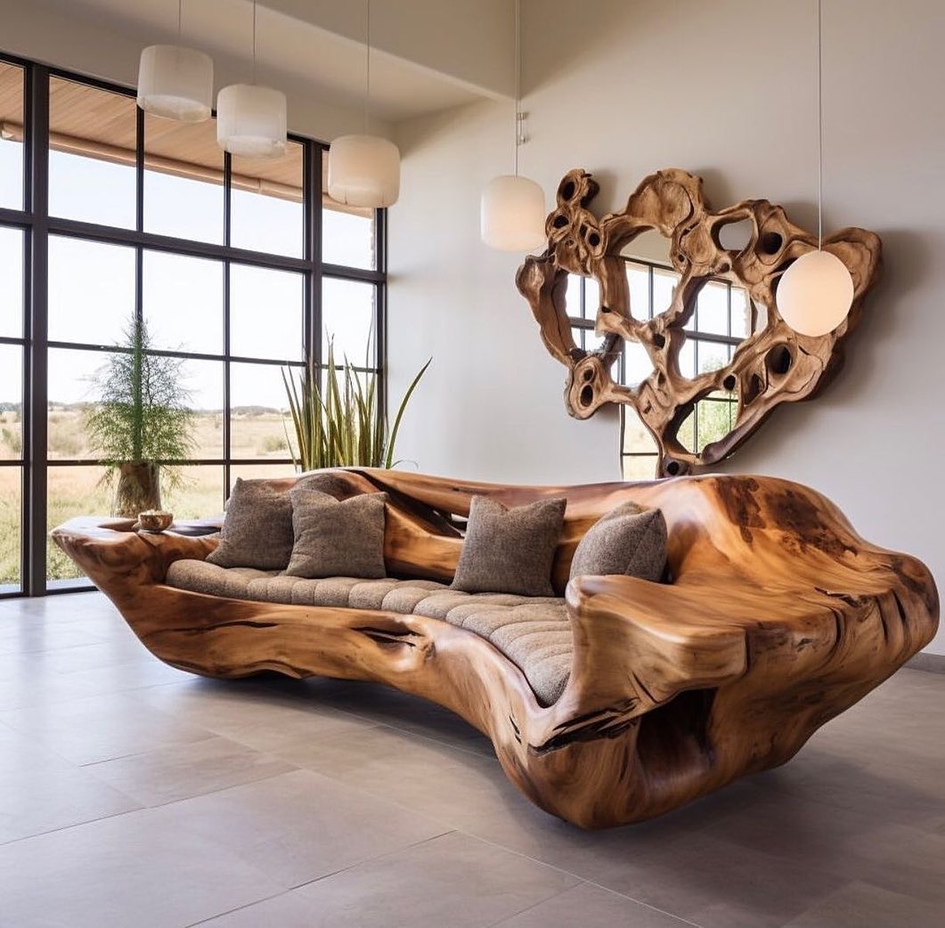 Unique wooden sofa and artistic wall piece in a modern living room