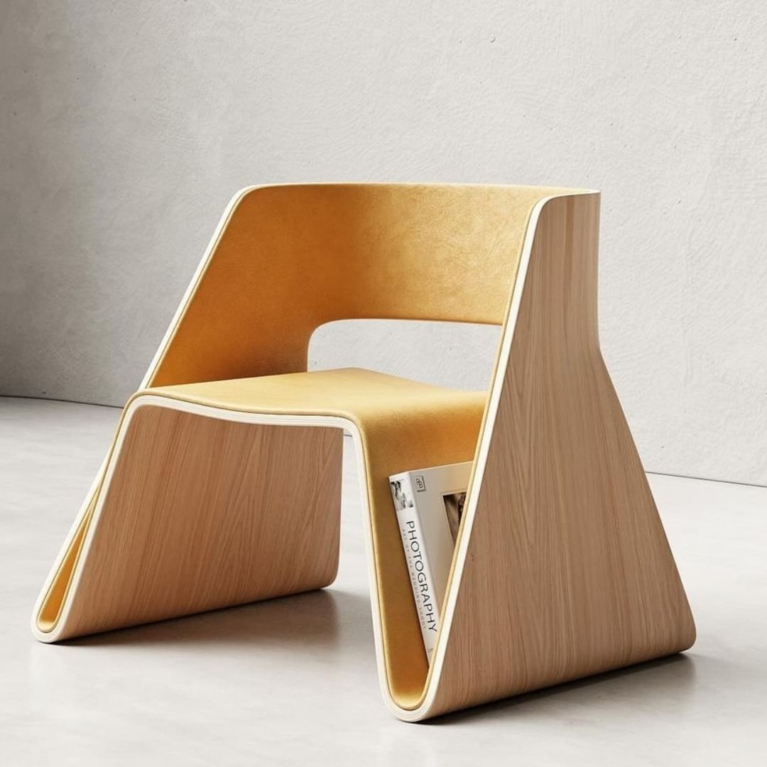 A modern, minimalist chair with a sleek wooden design and mustard-hued suede upholstery