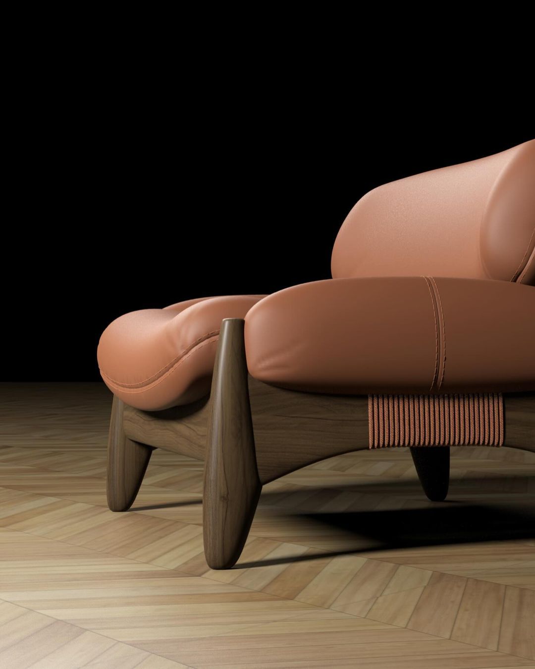 An exquisitely designed contemporary armchair with smooth terracotta upholstery and minimalist wooden frame.