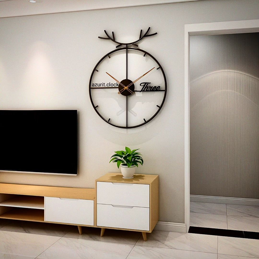 Minimalistic modern clock on a clean wall above a stylish TV console