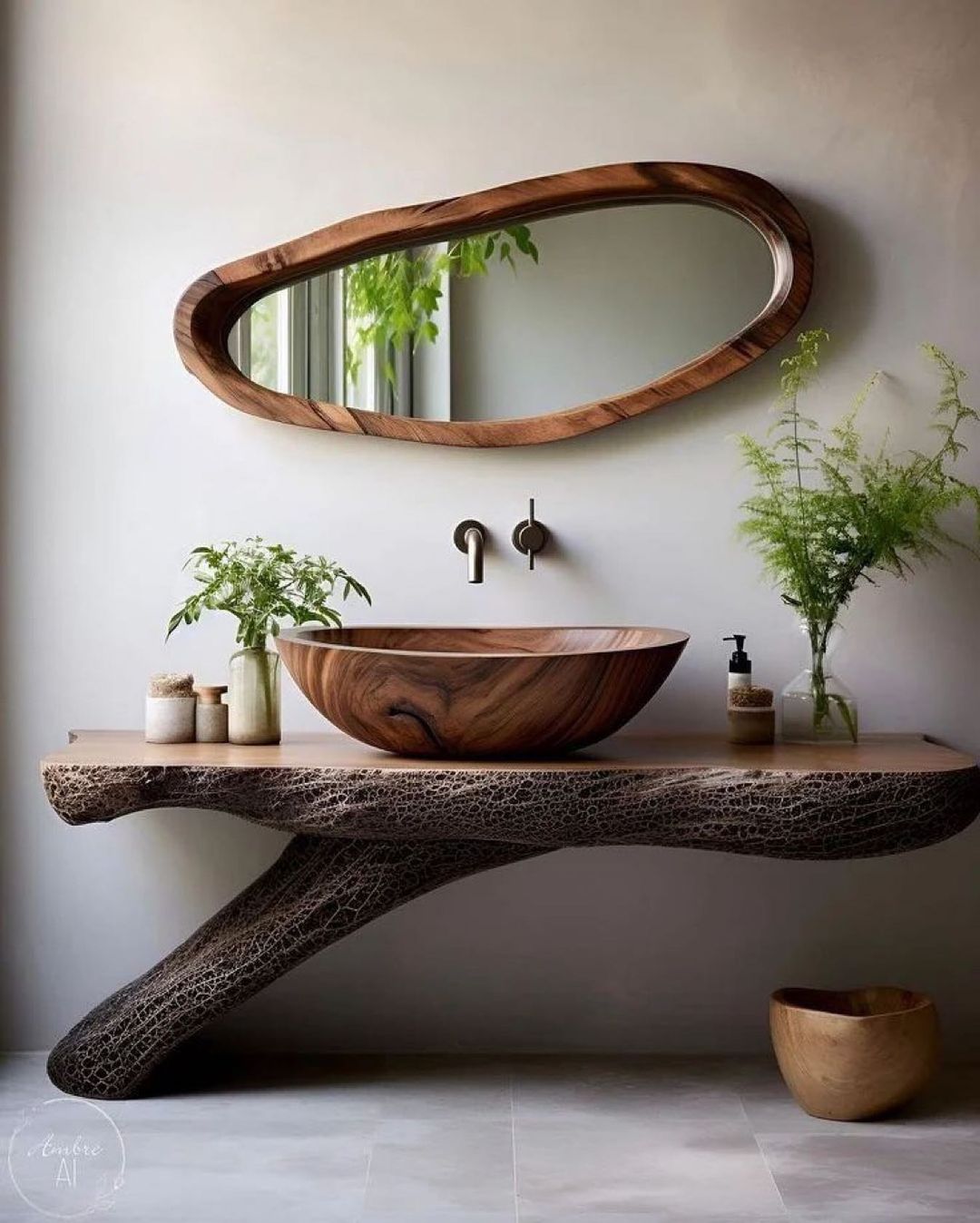 A chic modern bathroom featuring a wooden wave-edged vanity with a matching oval mirror and a textured support leg.