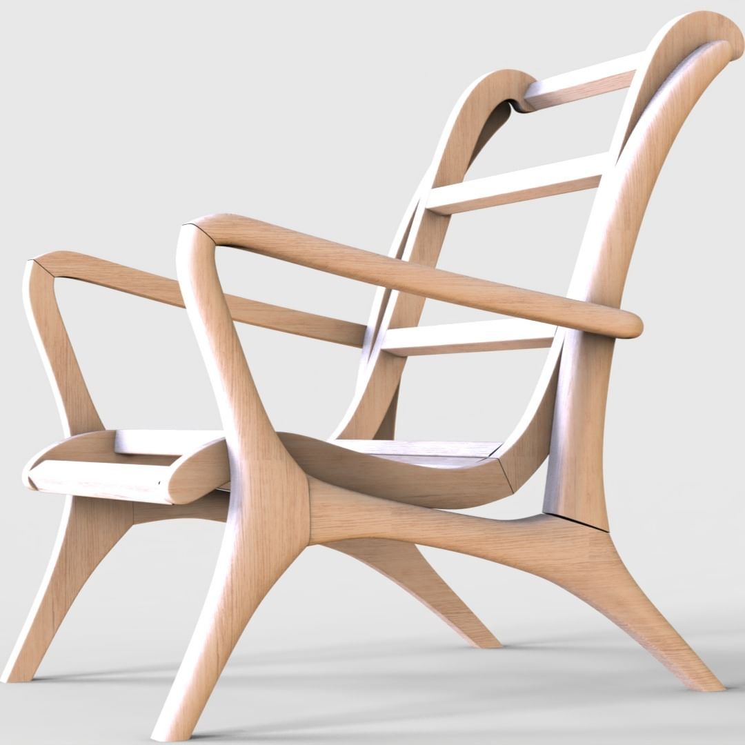 A unique wooden chair with elegant curves and intertwined arms