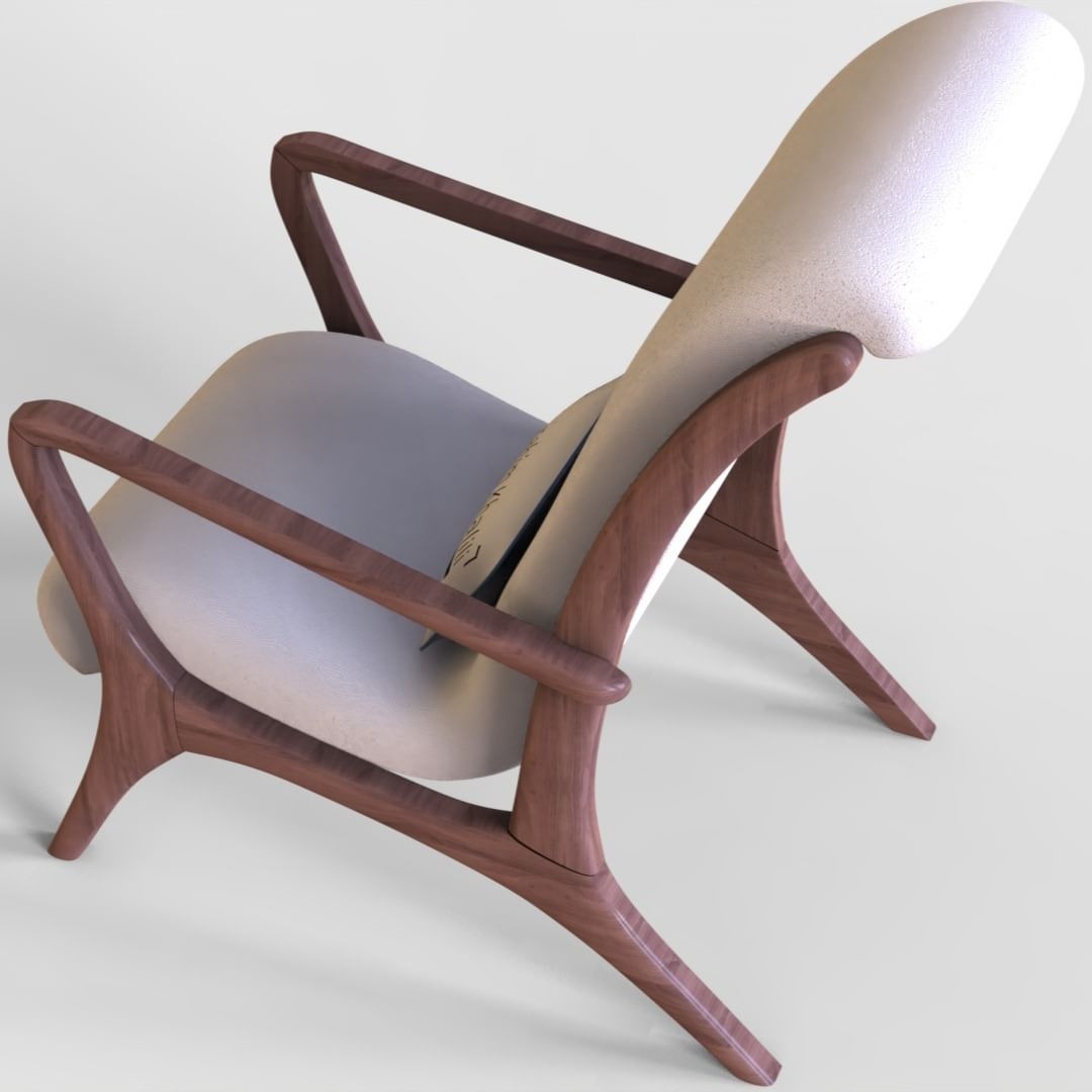 A uniquely designed wooden armchair with a curved frame and a soft padded seat