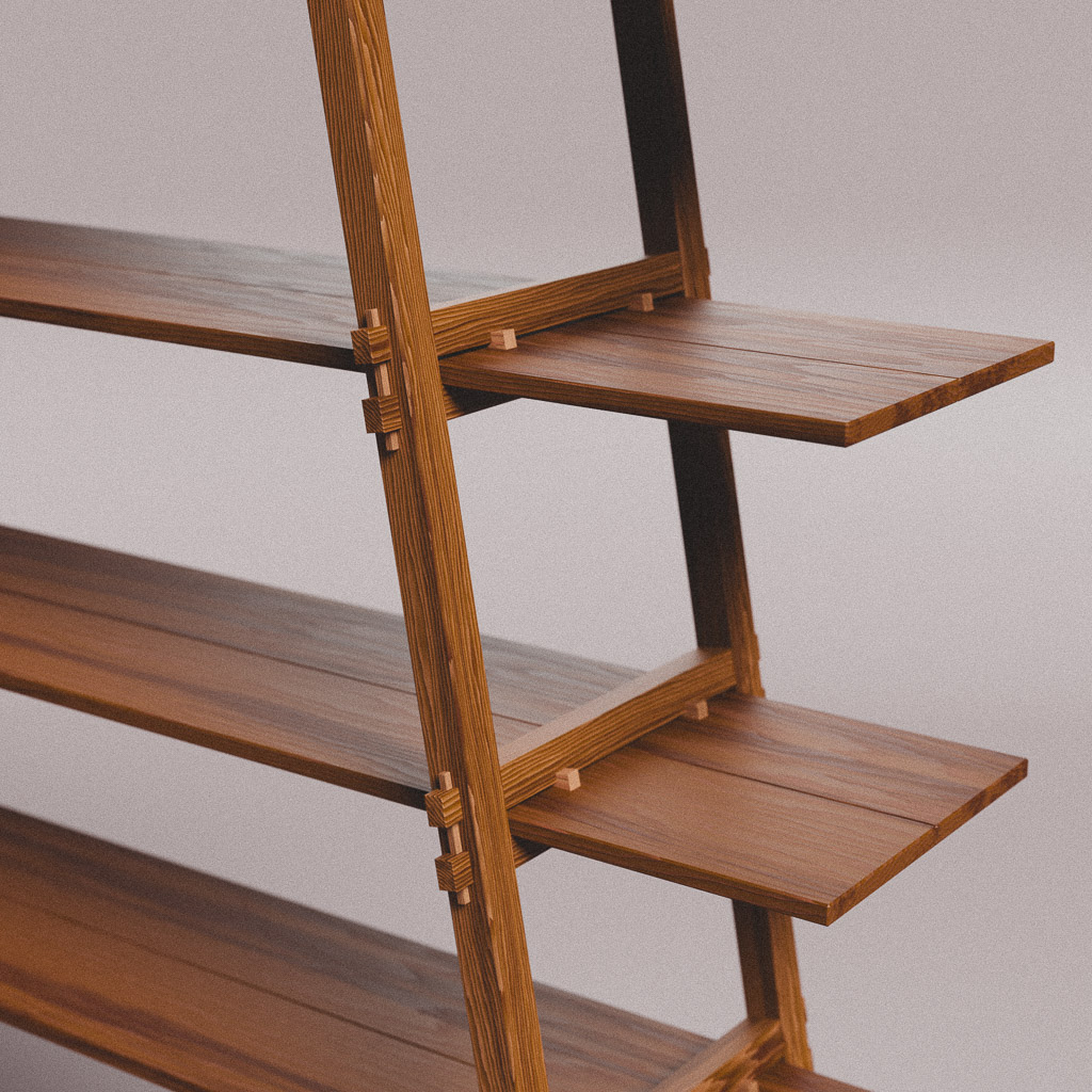 An intricately jointed wooden bookshelf