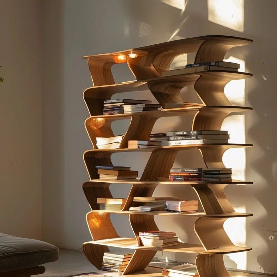 A modern and uniquely designed wooden bookshelf with wavy shelves, bathed in sunlight, featuring spherical lights that create a warm ambiance