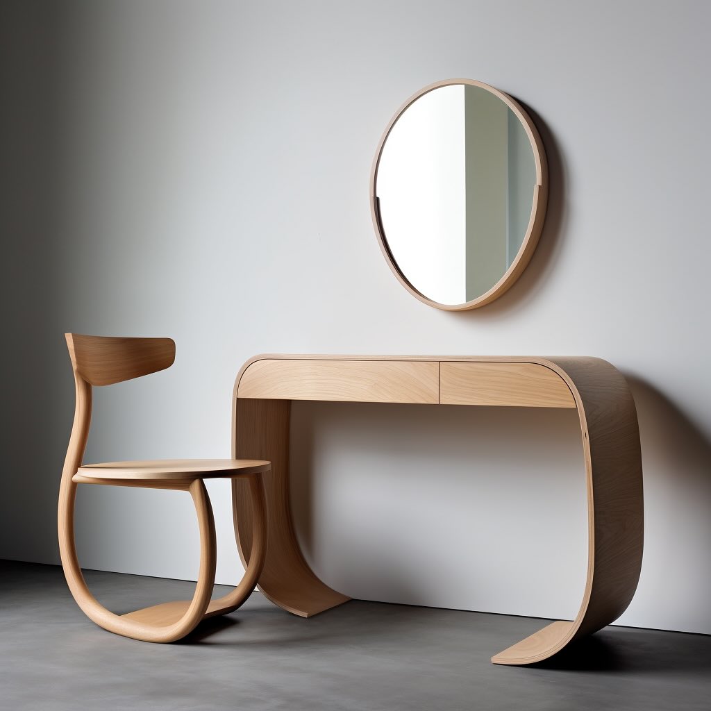 Modern wooden furniture set consisting of a chair, desk, and round mirror