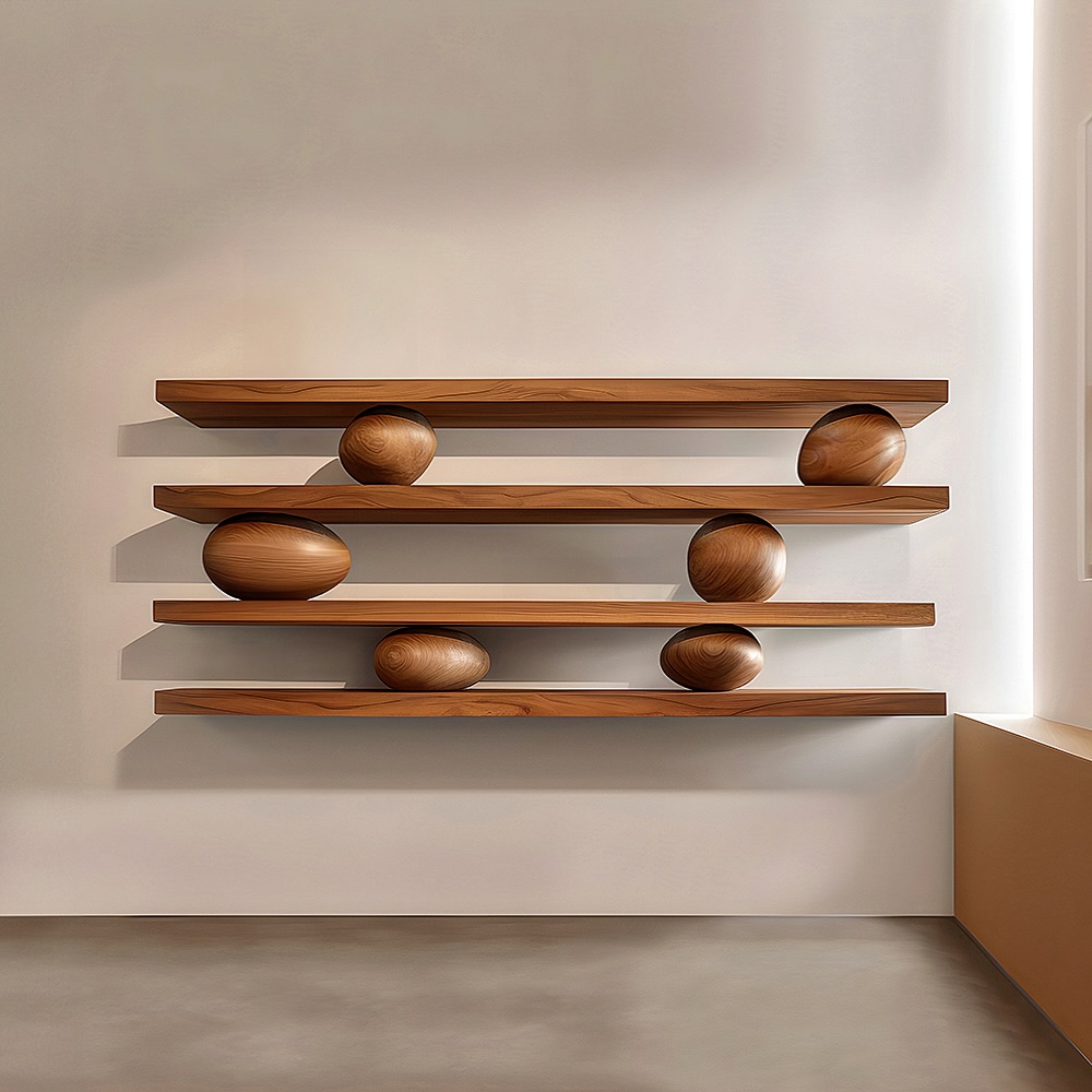 A set of wooden shelves with strategically placed wooden spheres creating a visual balance