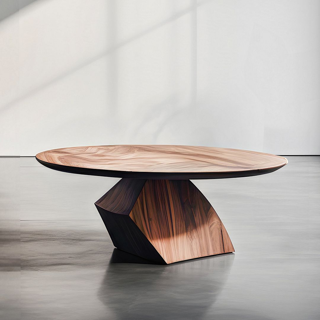 A distinctly modern wooden table with a geometric base