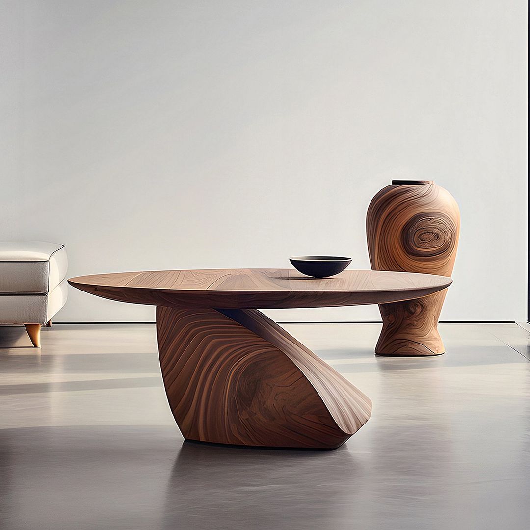 A uniquely sculpted wooden table with dynamic curves