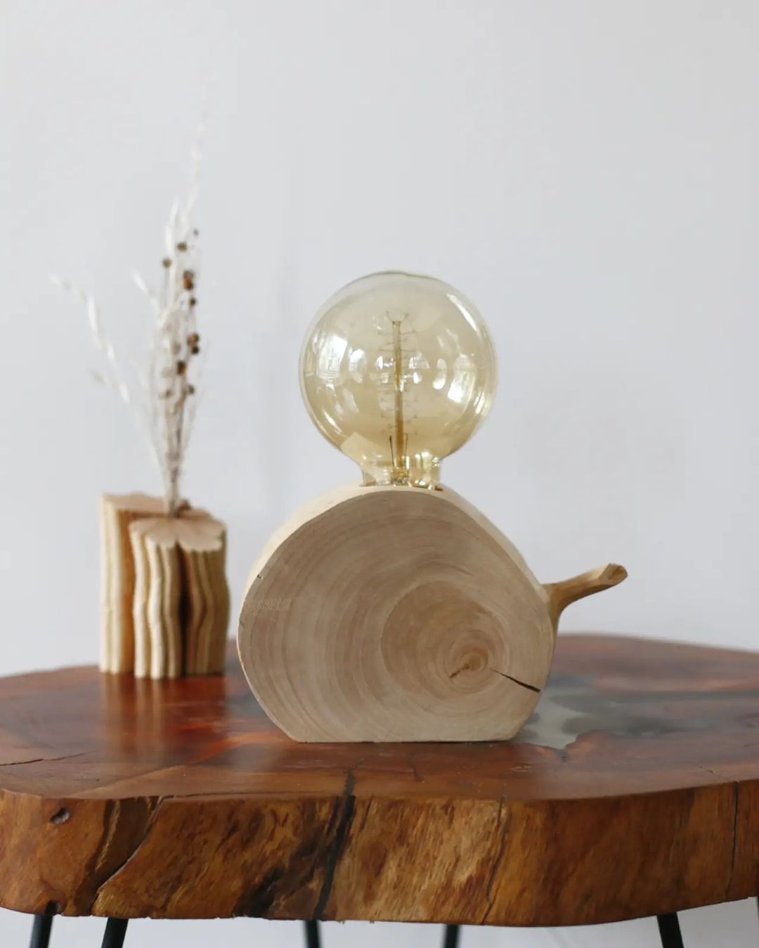 A uniquely designed wooden table lamp