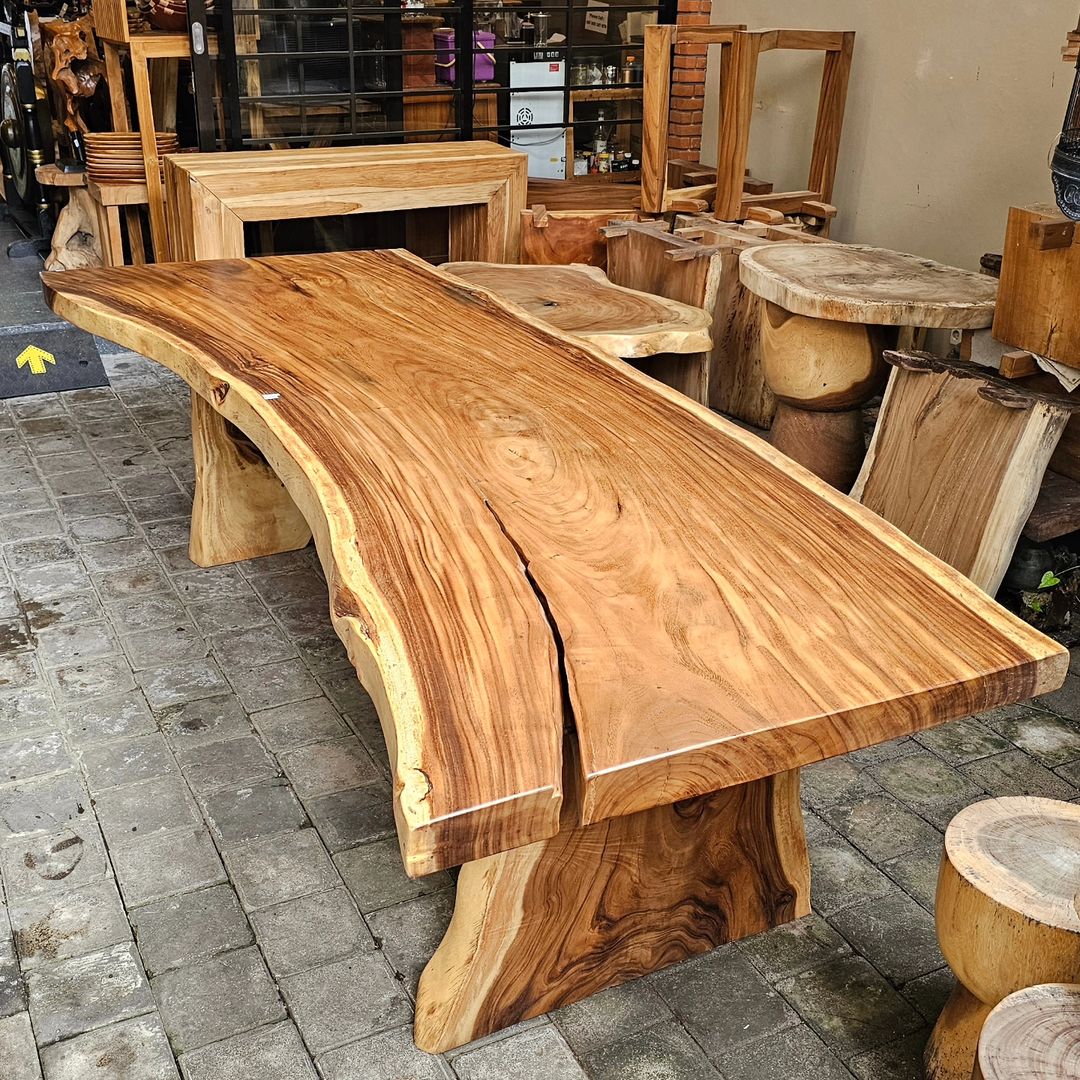 A uniquely crafted wooden table with a natural edge