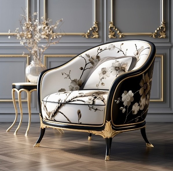 A luxurious, baroque-style armchair with floral designs