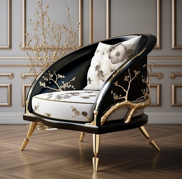 Luxurious Designer Armchair with Golden Accents