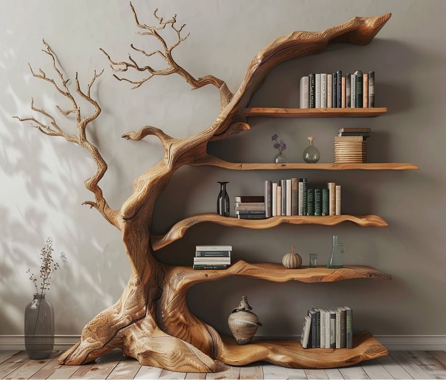 A unique and artistic bookshelf designed to mimic the organic curves and branches of a tree