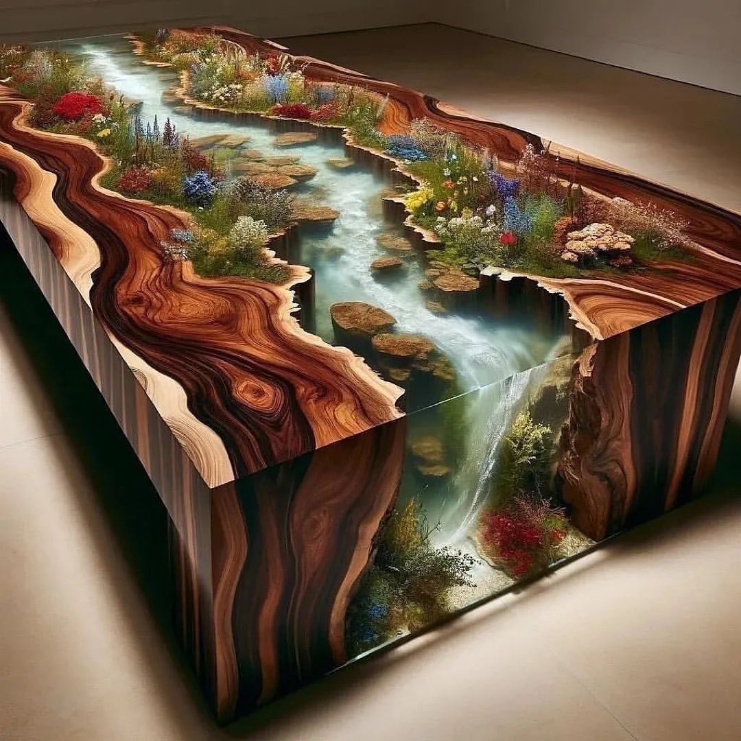 A meticulously crafted wood and resin river table infused with lush landscapes