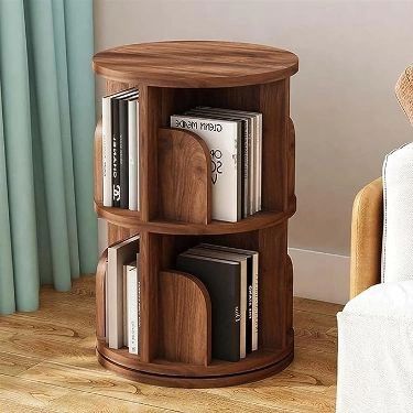 Round wooden bookshelf with multiple sections for storing books in an organized manner