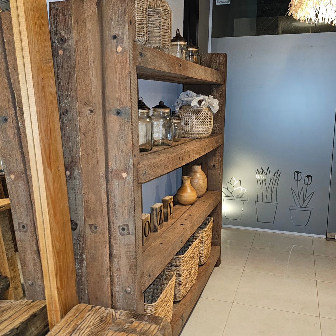 Rustic wooden shelf with decorative items