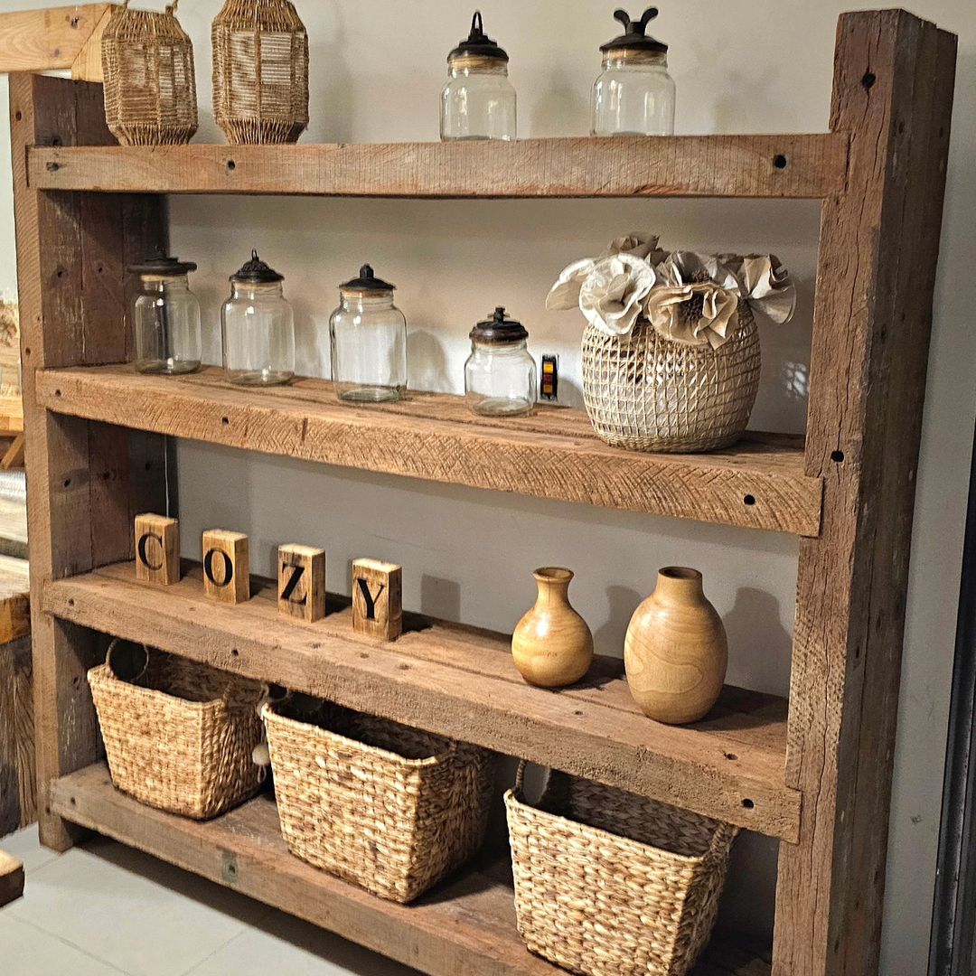 Rustic wooden shelving unit with decorative items