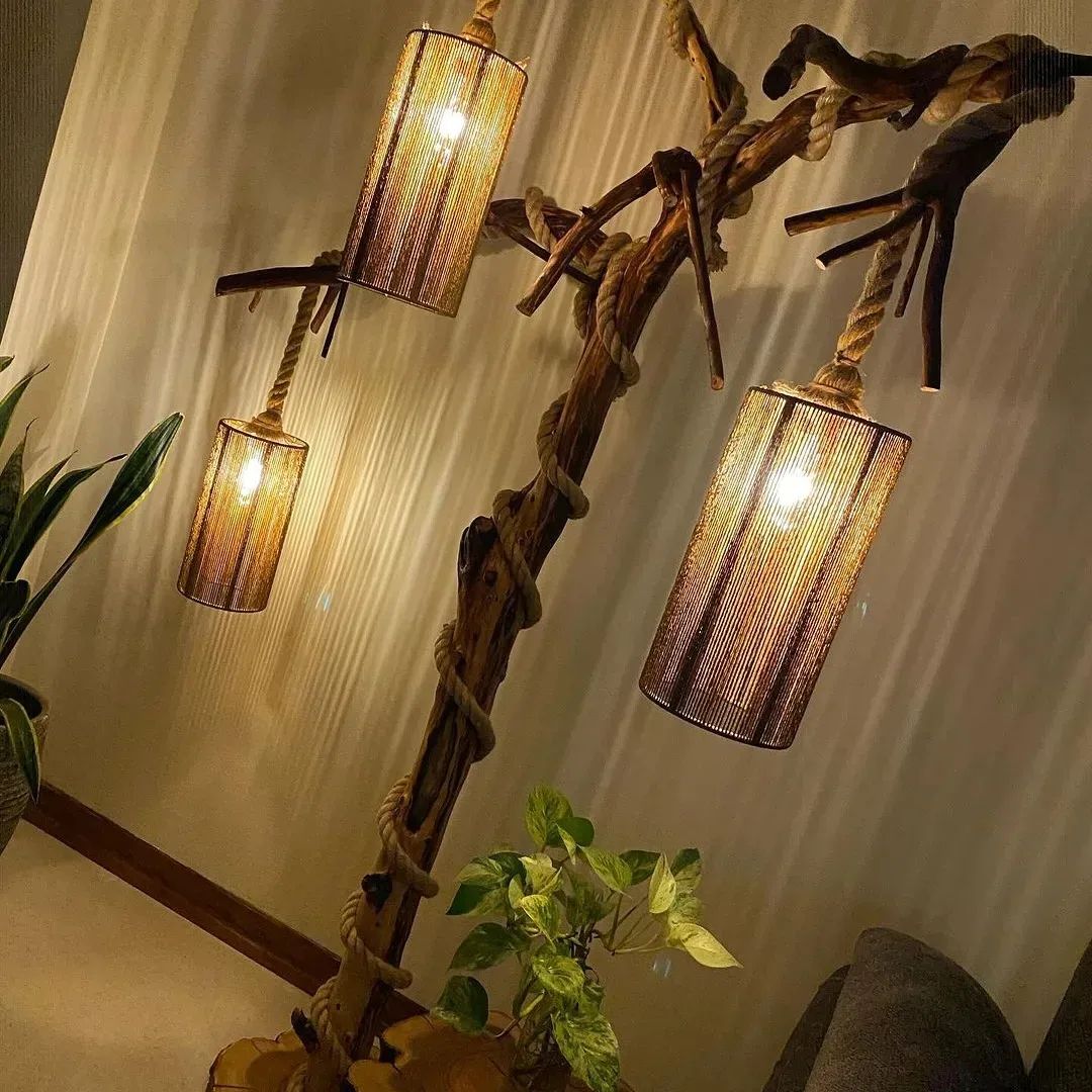 Unique Rustic Tree Lamp with Hanging Shades