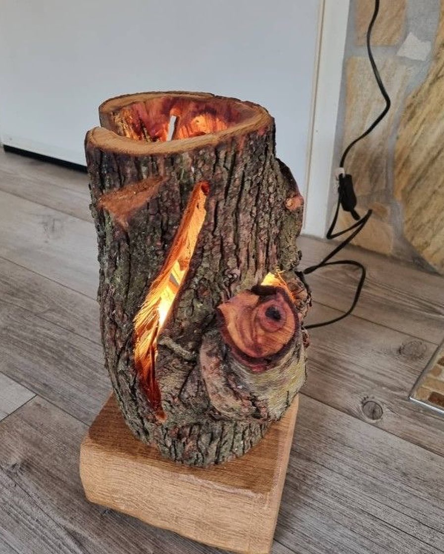 A rustic lamp crafted from a real tree trunk, showcasing visible glowing filaments